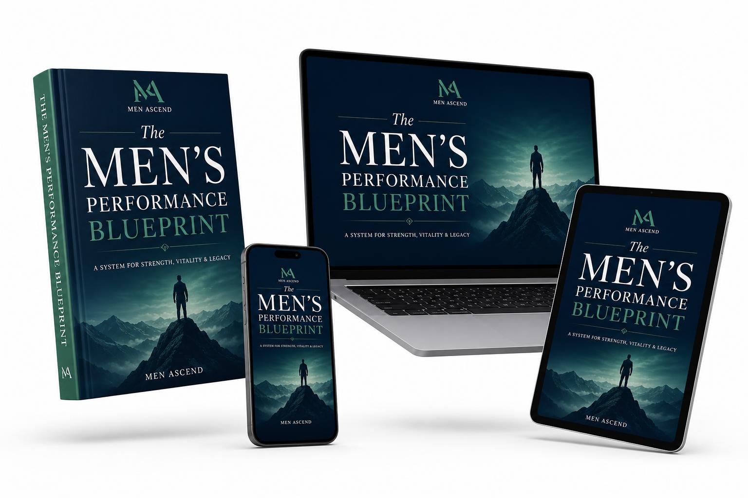 The Men's Performance Blueprint ebook shown on hardcover, tablet, phone and laptop